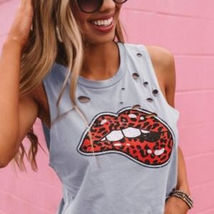 Gray Leopard Lip Distressed Boyfriend T-Shirt Tank